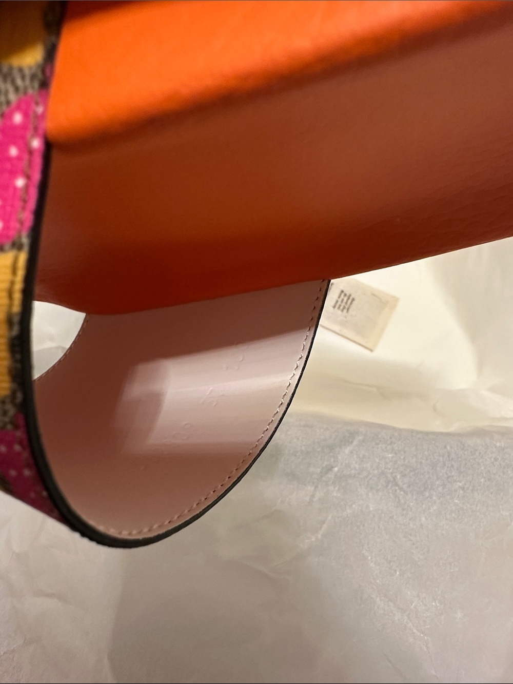 Gucci girls Orange Slides with Yellow & Pink Strawberry Print - Picture 6 of 8